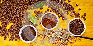 Bowls of mild, medium and full roasted coffee