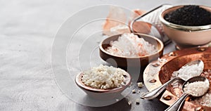 Bowls of natural salt in a culinary still life