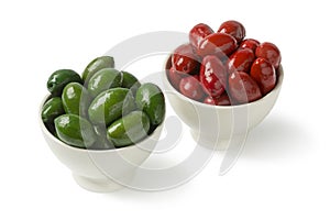 Bowls with red and green Italan Bella olives