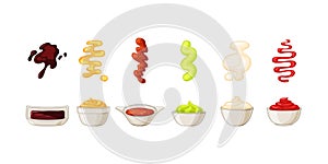 Bowls with sauces with ketchup, mayonnaise, wasabi, soy sauce set. A splash of sauce. Vector illustration in cartoon