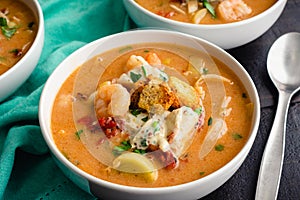 Bowls of Shrimp and Crab Bisque with Garnish