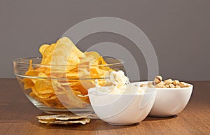 Bowls with snack to beer