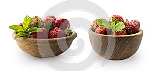 Bowls with strawberries isolated on white background. Ripe strawberries close-up. Background berry. Sweet and juicy berry with cop
