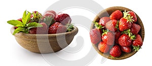 Bowls with strawberries isolated on white background. Ripe strawberries close-up. Background berry. Sweet and juicy berry with cop