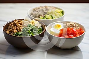 bowls of tuna salad, chicken salad, and egg salad in a row