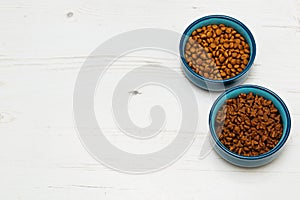 Bowls with two varieties of cat`s food