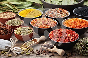 Bowls of various aromatic spices and culinary herbs. Different seasoning. Condiments for cooking