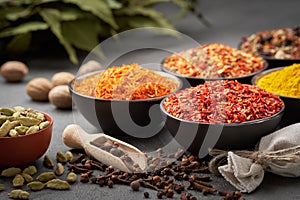 Bowls of various aromatic spices and herbs. Different seasoning. Condiments for healthy cooking