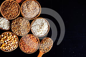 Bowls of various cereals. Various kinds of natural grains and cereals