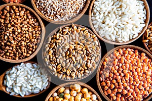 Bowls of various cereals. Various kinds of natural grains and cereals