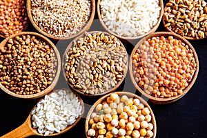 Bowls of various cereals. Various kinds of natural grains and cereals