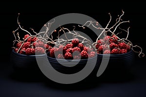 Bowls of wild raspberries on a black background