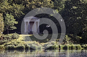 Bowood greek pavillion viewed across estate lake