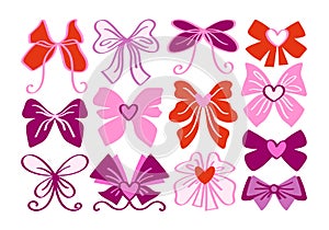 Femininity flat set of cartoon ribbons, bows, accessories with hearts.