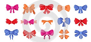 Bows with ribbons. Cute hair bowknot and gift package tied elements, cartoon colorful woman hairstyle accessory