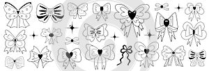 Bows set. Hand drawn y2k style bow with heart. Collection of emo gothic ribbons with hearts. Vector illustration.