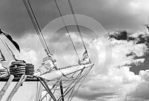 Bowsprit and rope coiled up of the sailing ship.