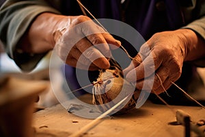 bowstring being tightened on a traditional wooden bow
