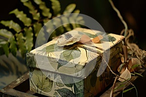 A box adorned with a bow, featuring leaf and flora designs, placed on a table, A nature-inspired gift box featuring leaf and photo