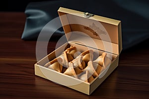 Box of American fortune cookies. Traditional treat with prediction, lucky numbers and phrases in Chinese