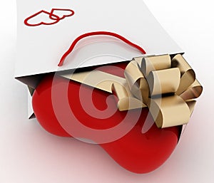 Box as heart form with a gold bow in a bag for a gift. The concept of a gift with love