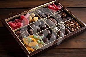 box of assorted chocolates with an assortment of fruits and nuts