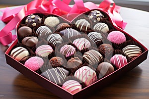 Box of assorted chocolates with pink ribbon on a wooden table, A box of assorted Valentine's Day chocolates, AI Generated