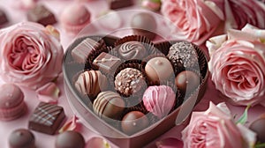 Box of assorted chocolates with roses - generative ai