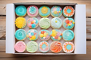 box of assorted colorful frosted cupcakes