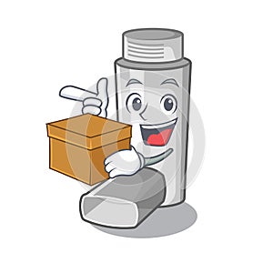 With box asthma inhalers in cartoon medicine box