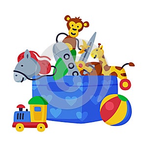 Box of Baby Toys, Stick Horse, Giraffe, Monkey, Train Cute Objects for Kids Development and Entertainment Cartoon Vector