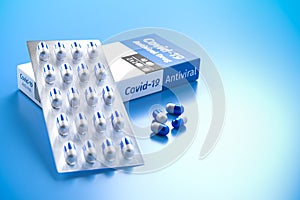 A box and a blister package of a fictitious Covid-19 antiviral drug - a cure for Covid-19