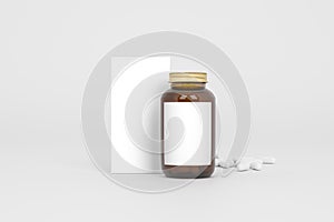 Box and bottle of pills on the gray background. Front view. 3D mockup.