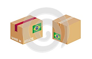 box with Brazil flag icon set, cardboard delivery package made in Brazil