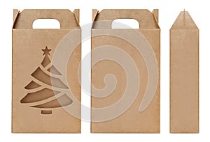 Box brown window Christmas tree shape cut out Packaging template, Empty kraft Box Cardboard isolated white background, Boxes Paper