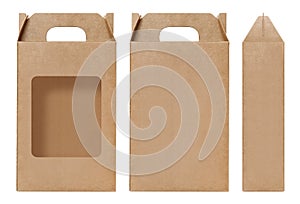 Box brown window shape cut out Packaging template, Empty kraft Box Cardboard isolated white background, Boxes Paper kraft natural