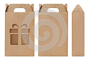 Box brown window shape cut out Packaging template, Empty kraft Box Cardboard isolated white background, Boxes Paper kraft natural