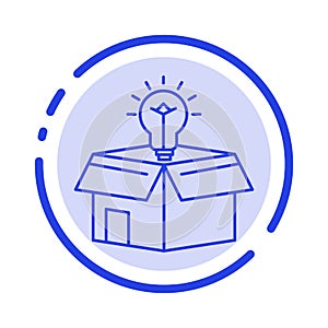 Box, Business, Idea, Solution, Bulb Blue Dotted Line Line Icon