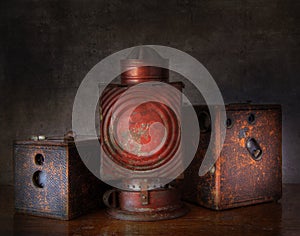 Box Camera and Oil Darkroom Lamp