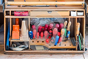 Box of carpenter joiner tools as screwdriver