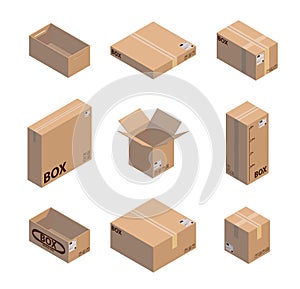 327_Carton packaging box. Isometric carton packaging box images set of different size with postal signs this side up fragile vecto