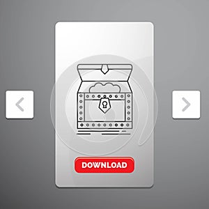 Box, chest, gold, reward, treasure Line Icon in Carousal Pagination Slider Design & Red Download Button