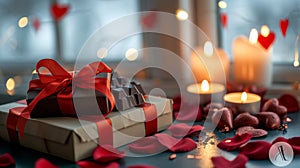 A box with a chocolate bar and candles on it next to red rose petals, AI