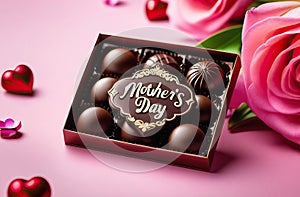 box of chocolate confections with the text "Happy Mother's Day" on a delicate pink background