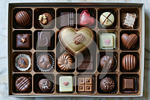 A box of chocolates with different shapes and sizes. The chocolates are arranged in a neat and orderly fashion. The box is