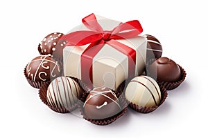Box of chocolates with red ribbon and bow isolated on white background