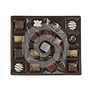 Box of chocolates on white background. High-angle shot.