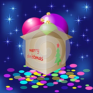Box with christmas gifts and christmas balls