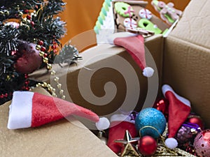 Box with Christmas tree decorations