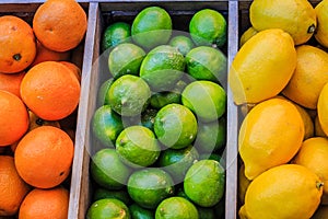 Box of citrus fruits, oranges, limes and lemons, from above.